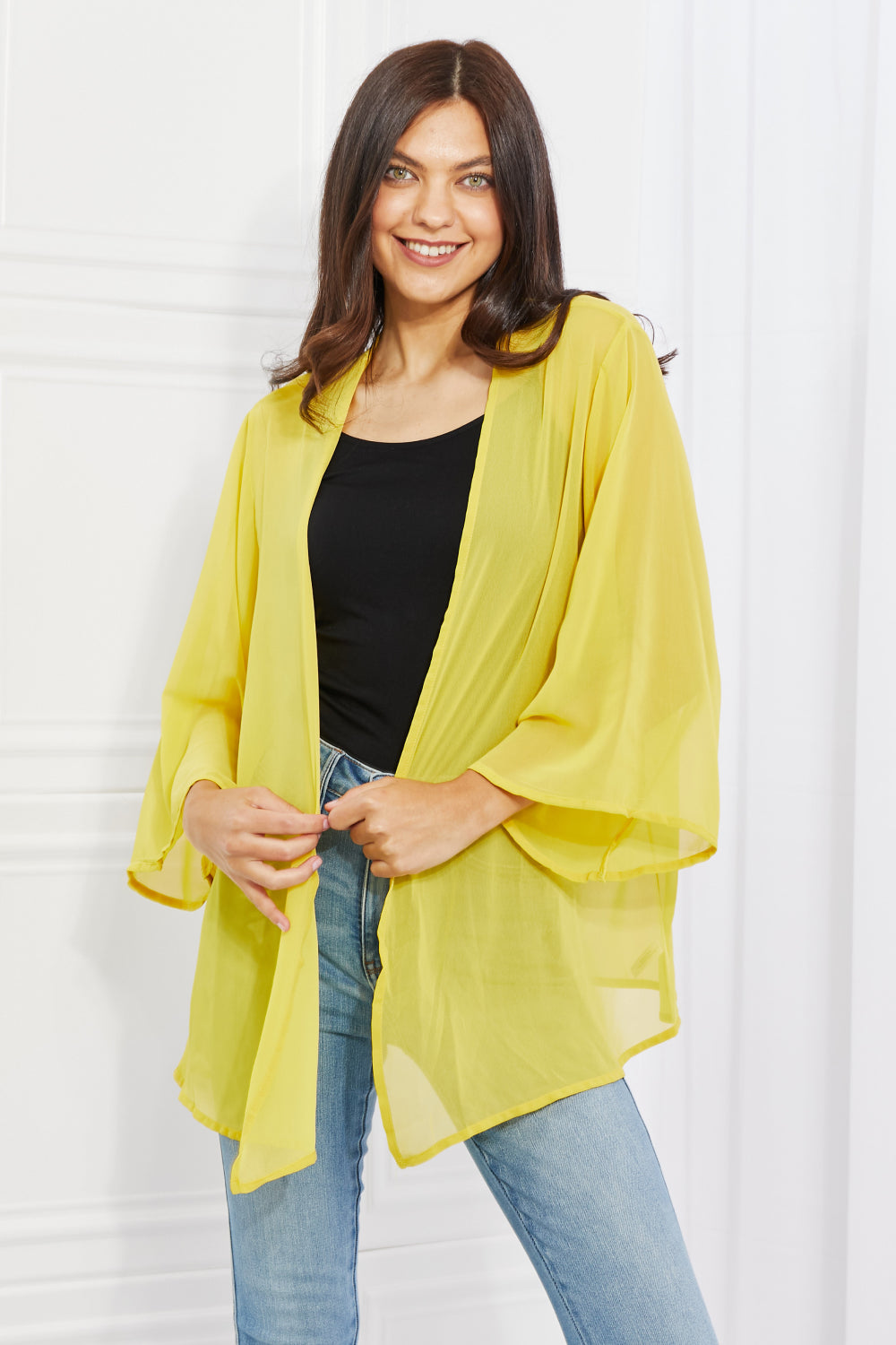 Melody Just Breathe Full Size Chiffon Kimono in Yellow – Twelfthandco