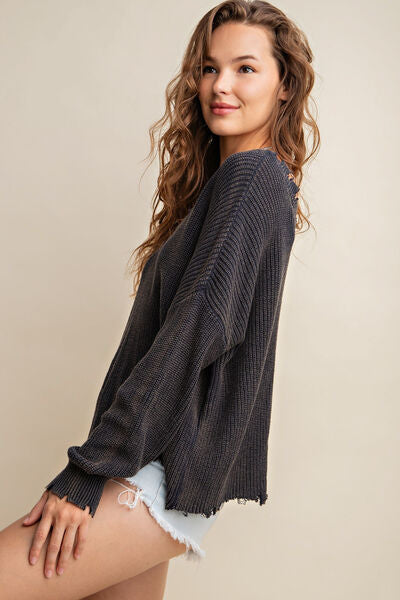 Kori America Distressed V-Neck Sweater