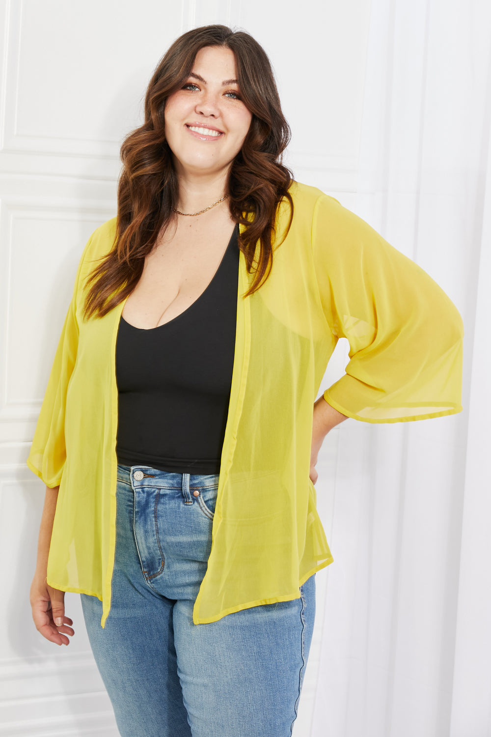 Melody Just Breathe Full Size Chiffon Kimono in Yellow – Twelfthandco